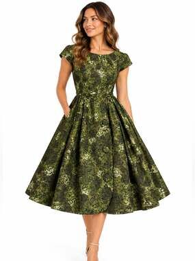 Jonathan Logan Green Floral Fit-and-Flare Dress S Belted Homemaker Chic Retro